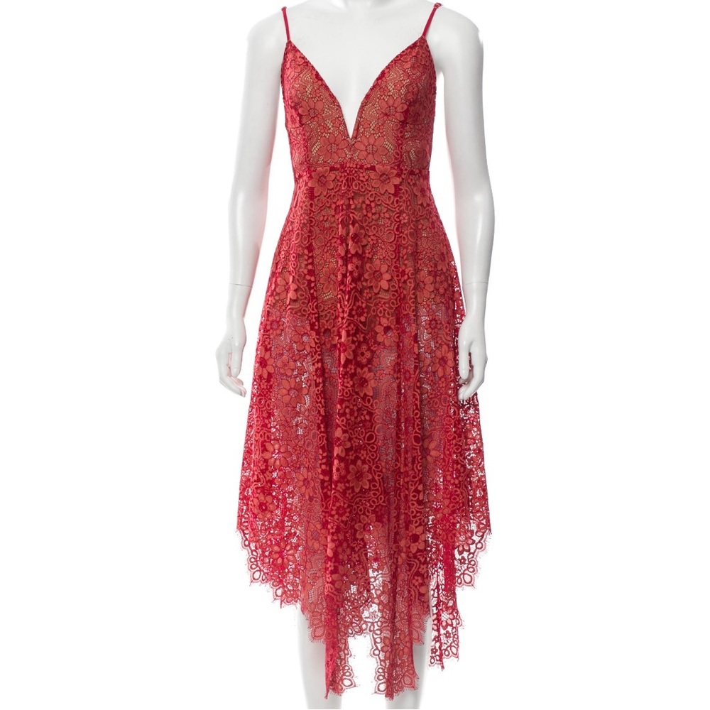 For Love & Lemons Rosemary Red Lace Midi Asymmetric Cocktail Dress Size XS